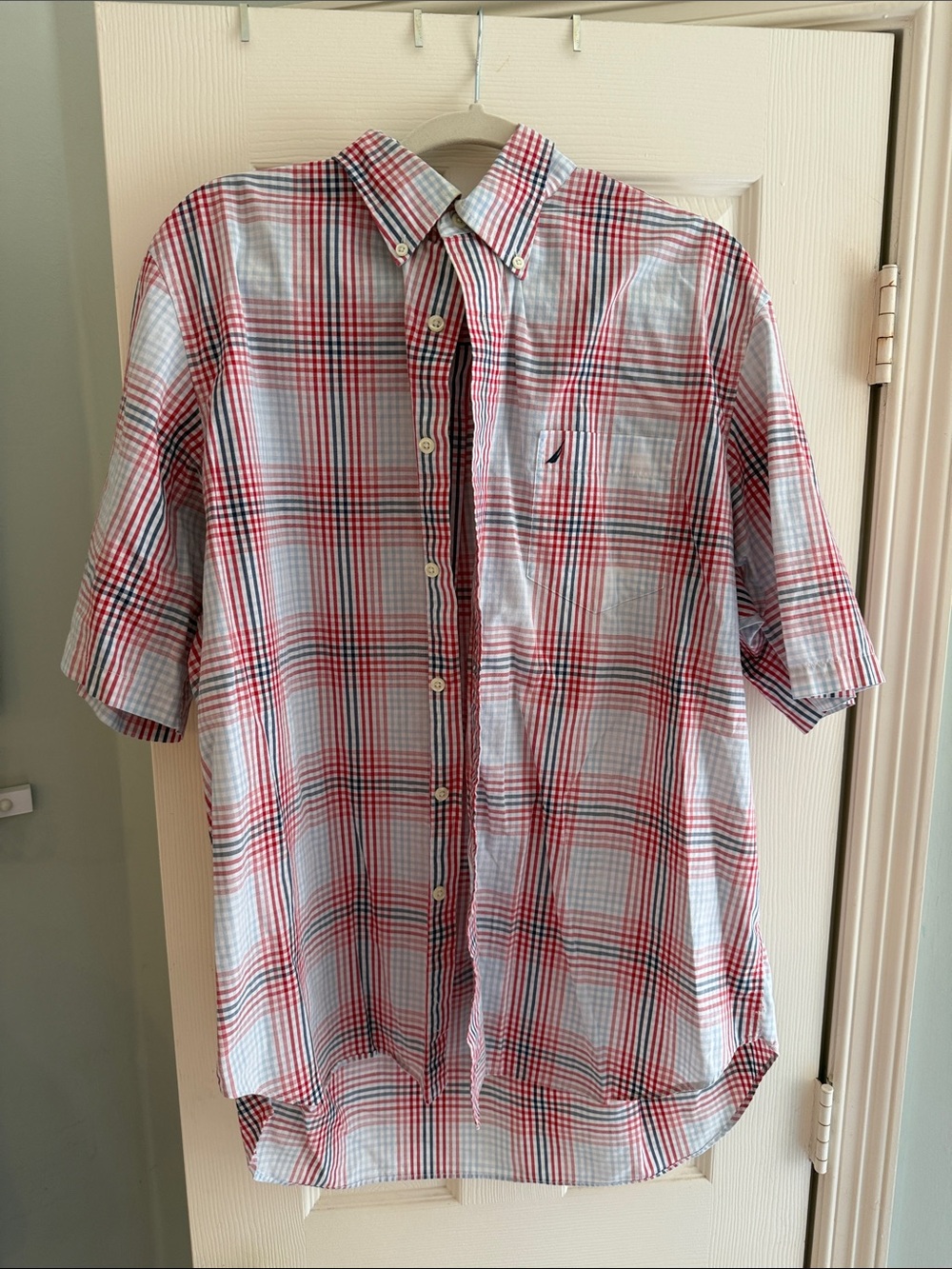 Nautica Red, Blue & White Plaid Short-Sleeve Button-Down Shirt